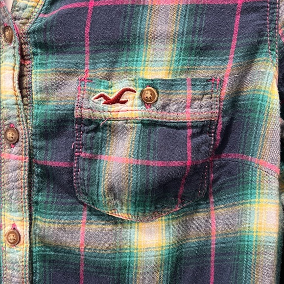 Hollister Mixed Plaid Flannel Top L Teal Pink Tartan Checkered Drawstring Waist - Picture 4 of 10